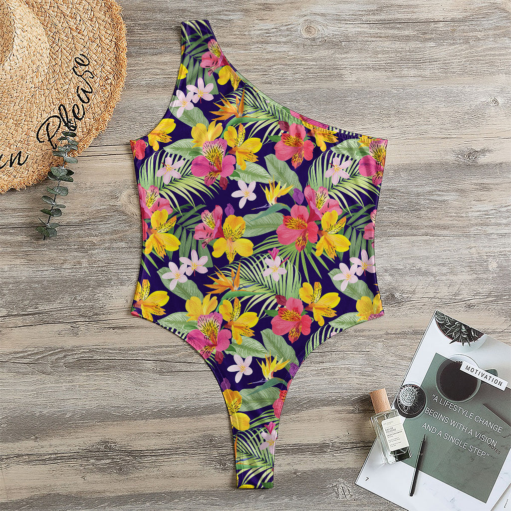 Tropical Alstroemeria Pattern Print One Shoulder Bodysuit