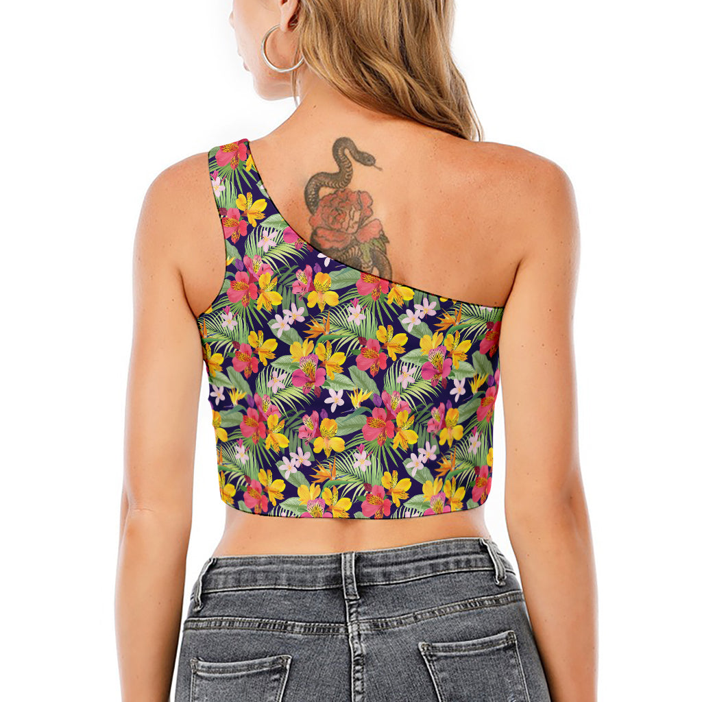 Tropical Alstroemeria Pattern Print One Shoulder Crop Top