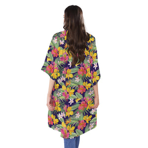 Tropical Alstroemeria Pattern Print Open Front Beach Cover Up