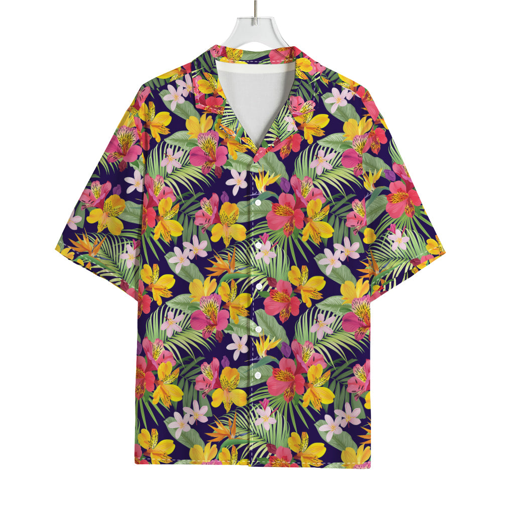 Tropical Alstroemeria Pattern Print Rayon Hawaiian Shirt