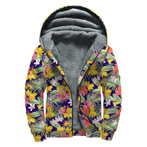 Tropical Alstroemeria Pattern Print Sherpa Lined Zip Up Hoodie