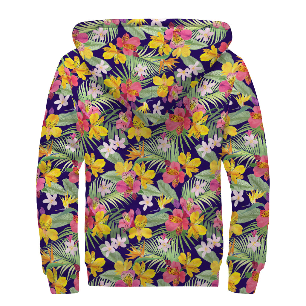 Tropical Alstroemeria Pattern Print Sherpa Lined Zip Up Hoodie