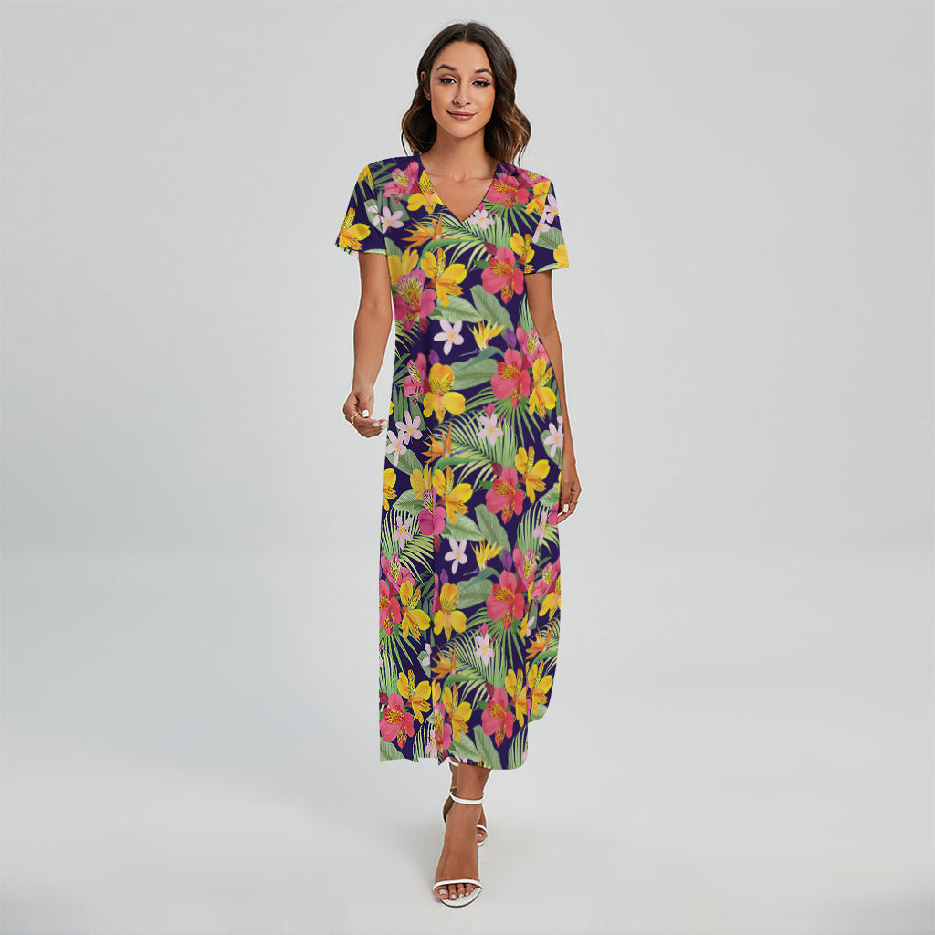 Tropical Alstroemeria Pattern Print Short Sleeve Maxi Dress