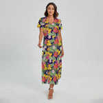 Tropical Alstroemeria Pattern Print Short Sleeve Maxi Dress