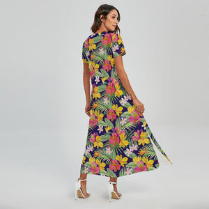 Tropical Alstroemeria Pattern Print Short Sleeve Maxi Dress