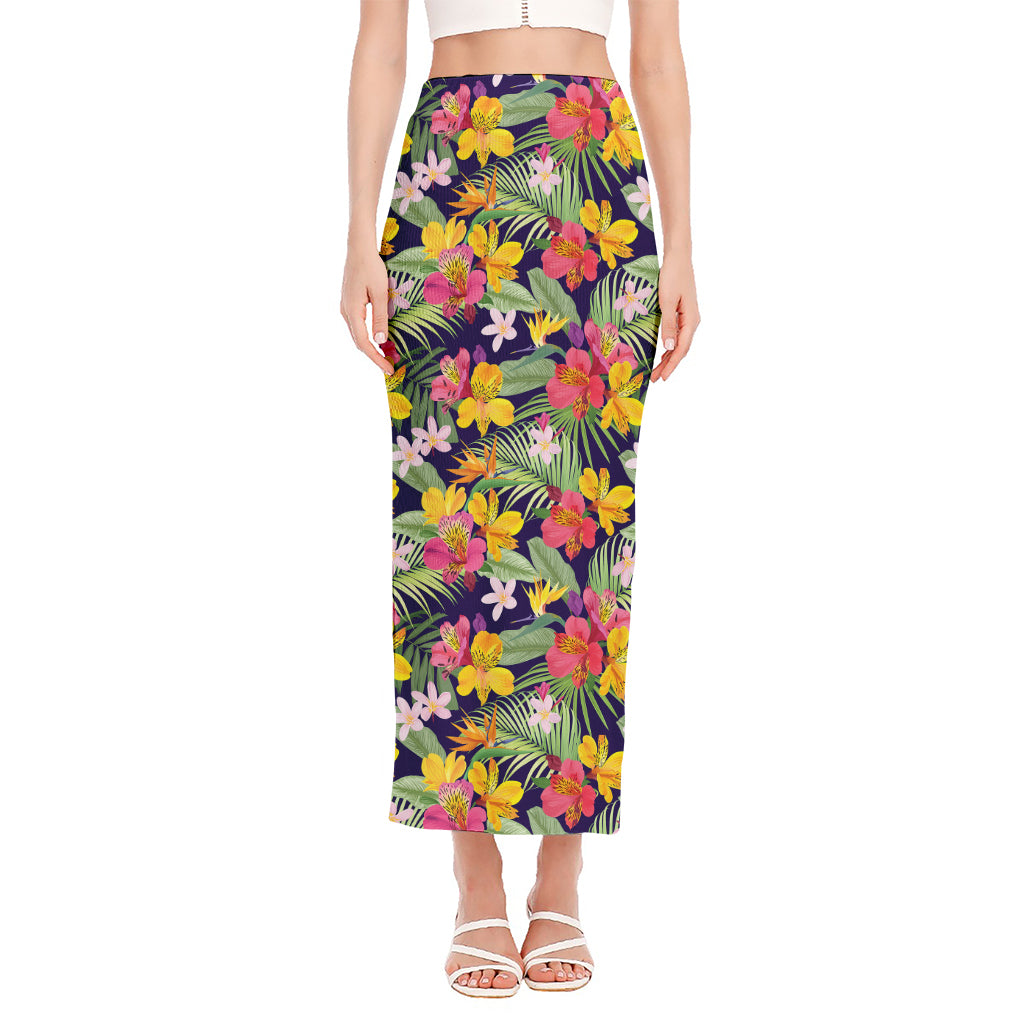 Tropical Alstroemeria Pattern Print Side Slit Maxi Skirt