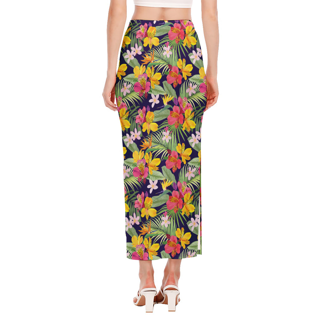 Tropical Alstroemeria Pattern Print Side Slit Maxi Skirt