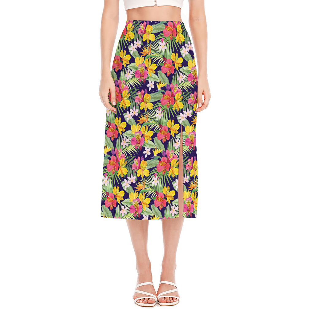 Tropical Alstroemeria Pattern Print Side Slit Midi Skirt