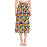 Tropical Alstroemeria Pattern Print Side Slit Midi Skirt