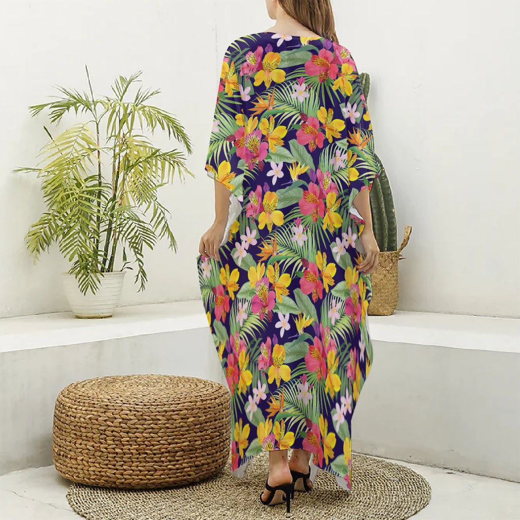 Tropical Alstroemeria Pattern Print Silk V-Neck Kaftan Dress