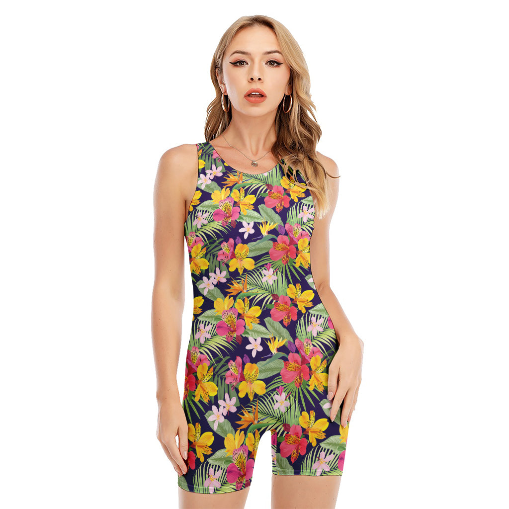 Tropical Alstroemeria Pattern Print Sleeveless One Piece Swimsuit