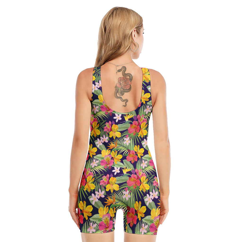 Tropical Alstroemeria Pattern Print Sleeveless One Piece Swimsuit