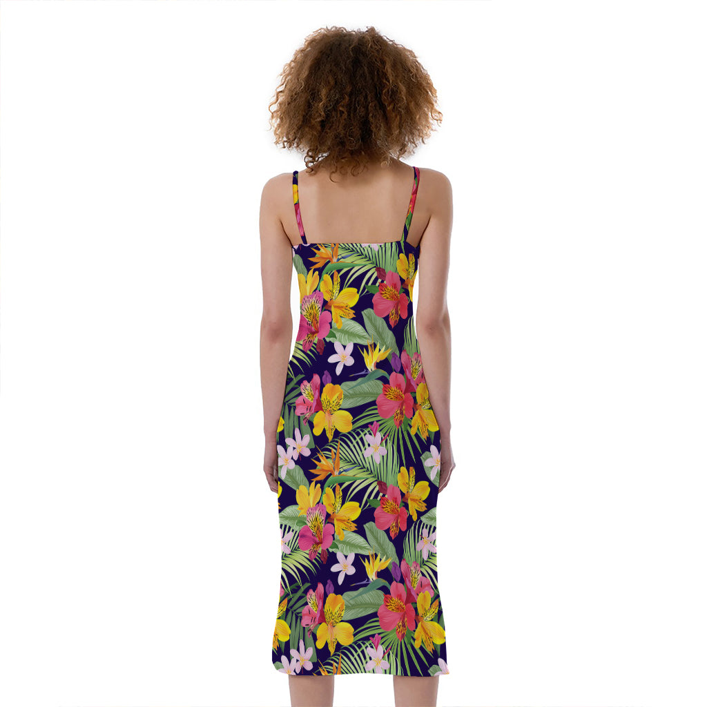 Tropical Alstroemeria Pattern Print Slim Fit Midi Cami Dress