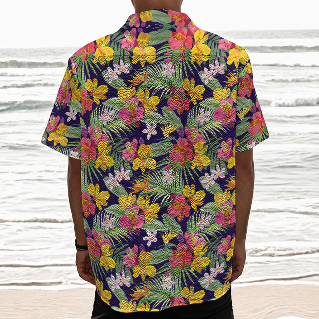 Tropical Alstroemeria Pattern Print Textured Short Sleeve Shirt