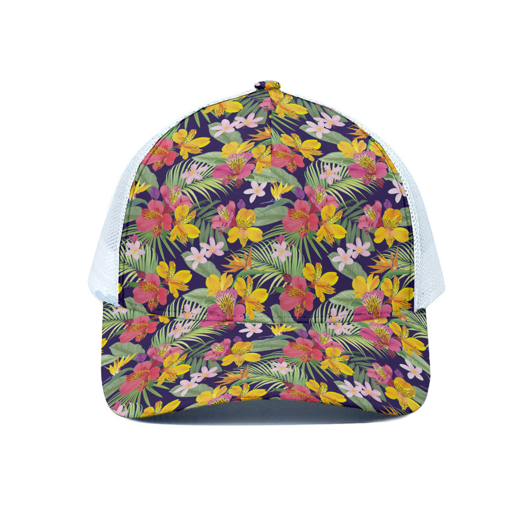 Tropical Alstroemeria Pattern Print White Mesh Trucker Cap