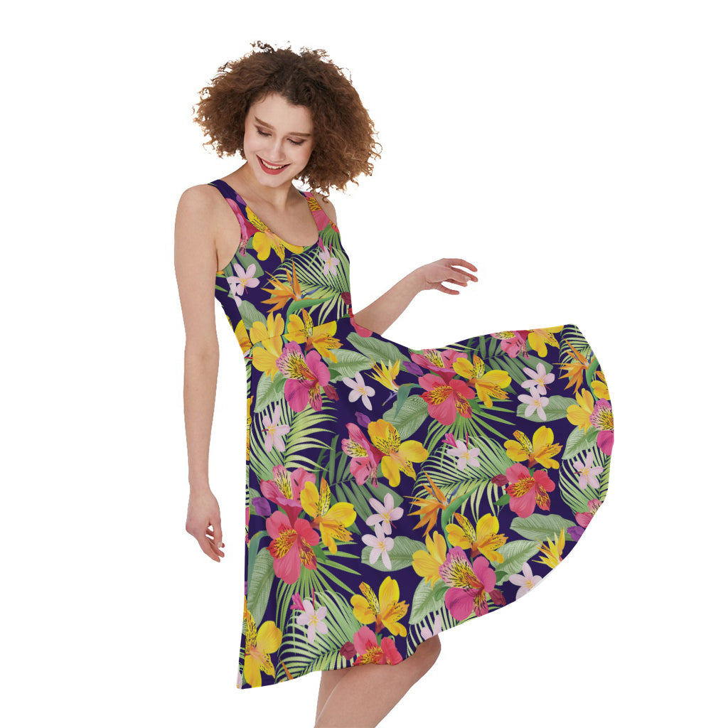 Tropical Alstroemeria Pattern Print Women's Sleeveless Dress