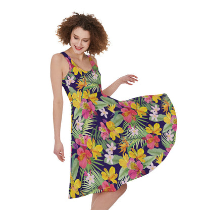 Tropical Alstroemeria Pattern Print Women's Sleeveless Dress