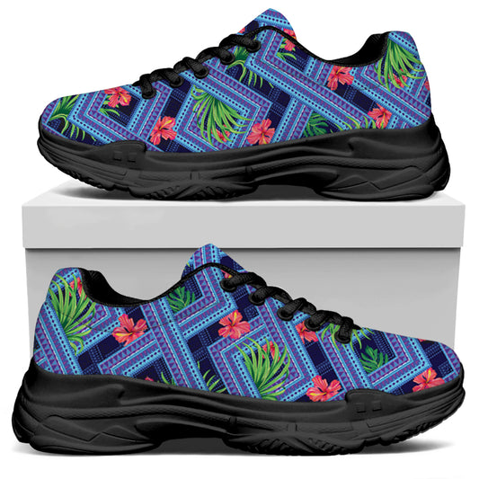 Tropical Aztec Geometric Pattern Print Black Chunky Shoes