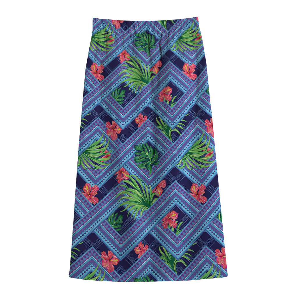 Tropical Aztec Geometric Pattern Print Cotton Front Slit Maxi Skirt