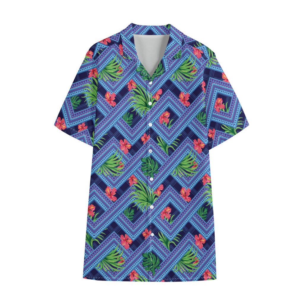 Tropical Aztec Geometric Pattern Print Cotton Hawaiian Shirt