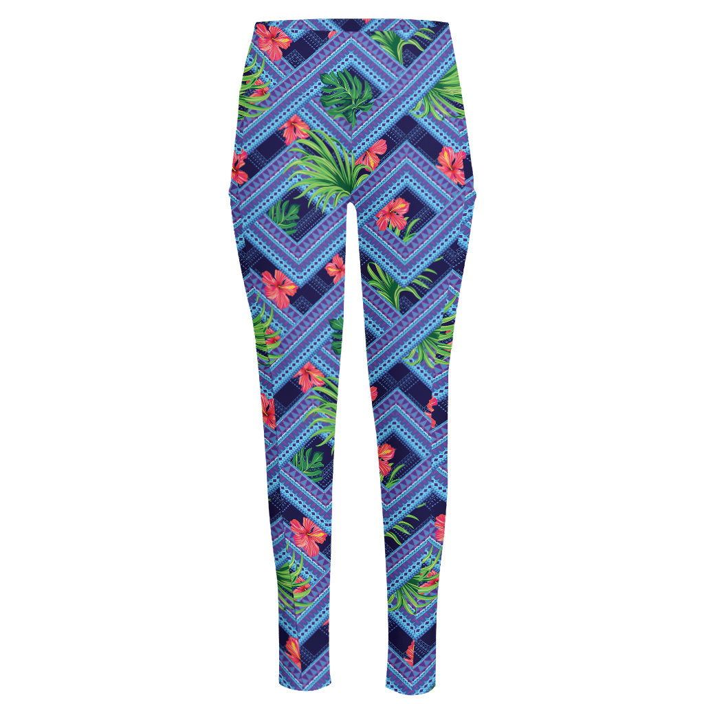 Tropical Aztec Geometric Pattern Print High-Waisted Pocket Leggings