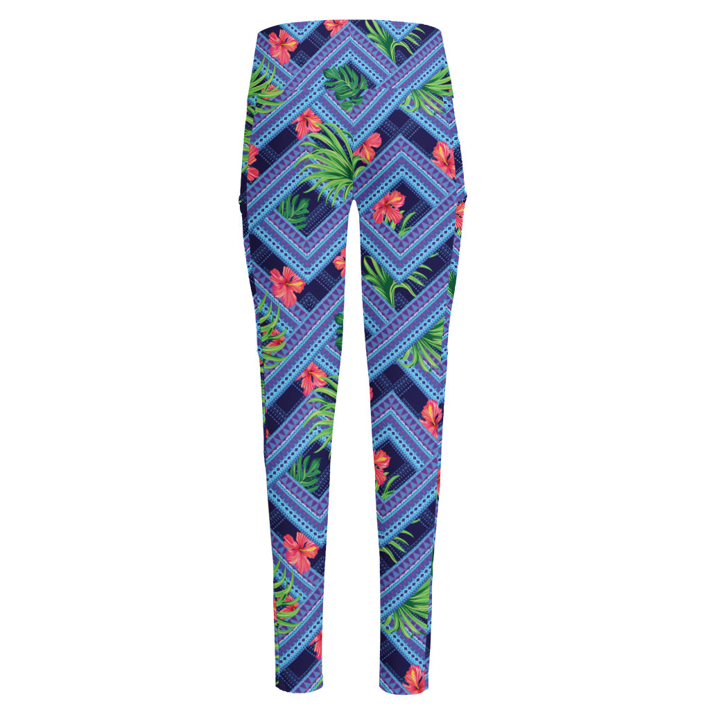 Tropical Aztec Geometric Pattern Print High-Waisted Pocket Leggings