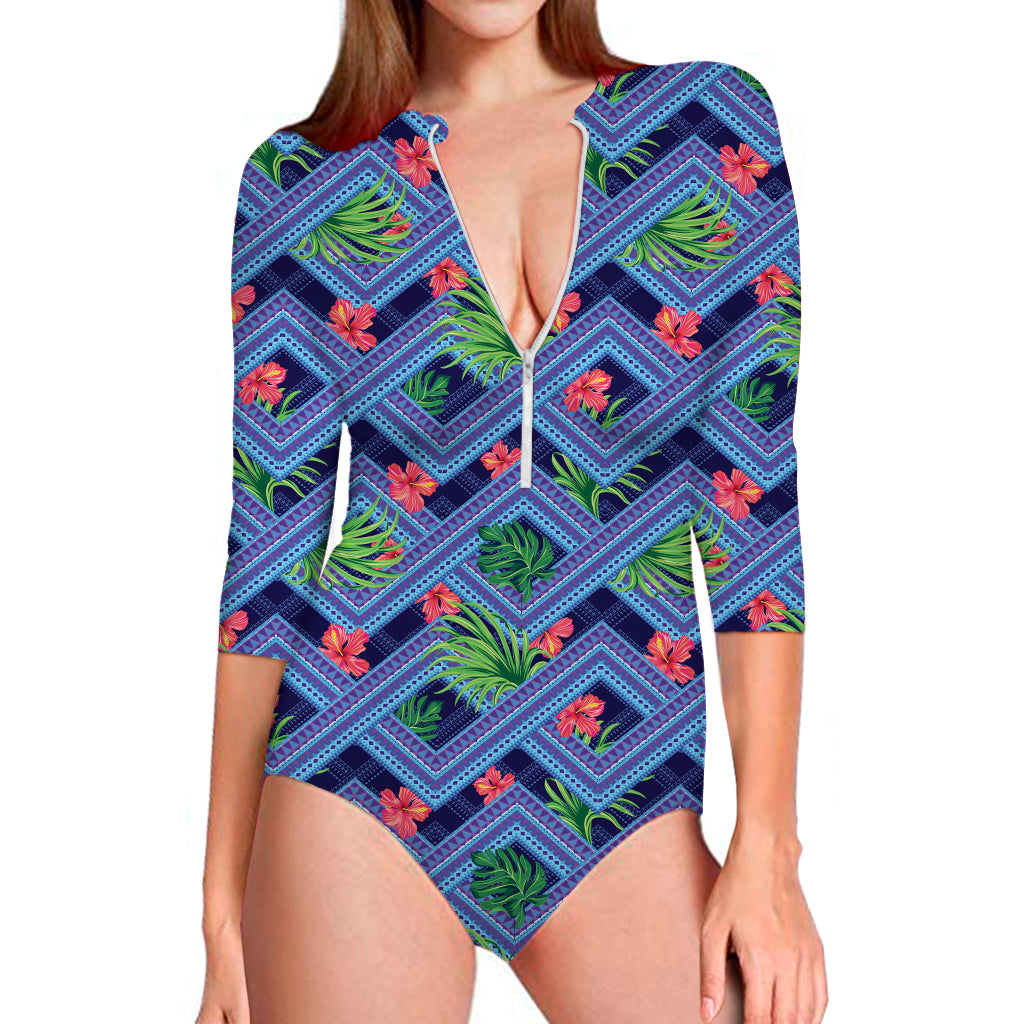 Tropical Aztec Geometric Pattern Print Long Sleeve Swimsuit