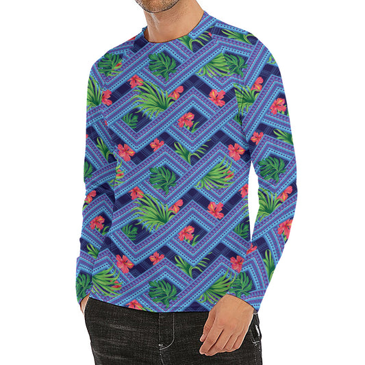 Tropical Aztec Geometric Pattern Print Men's Long Sleeve Rash Guard