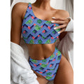Tropical Aztec Geometric Pattern Print One Shoulder Bikini Set