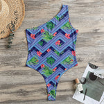 Tropical Aztec Geometric Pattern Print One Shoulder Bodysuit
