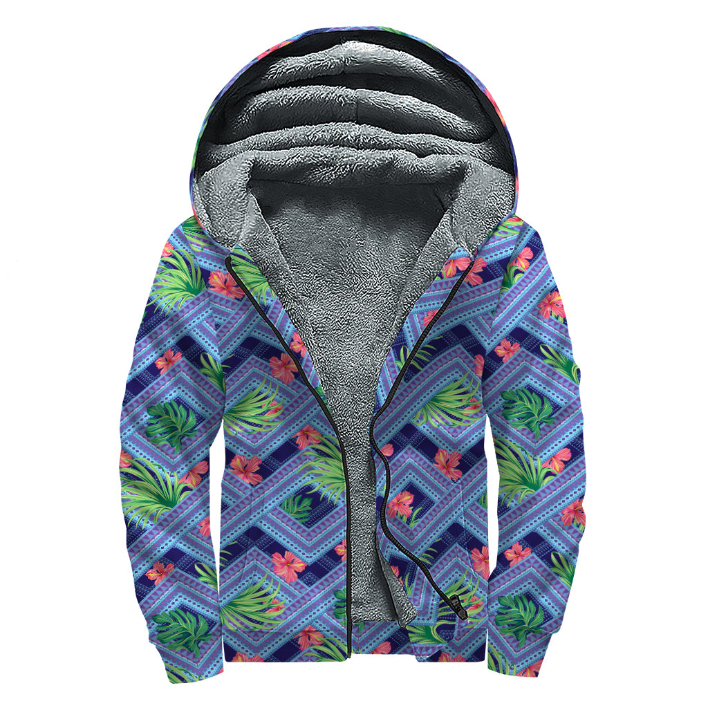 Tropical Aztec Geometric Pattern Print Sherpa Lined Zip Up Hoodie