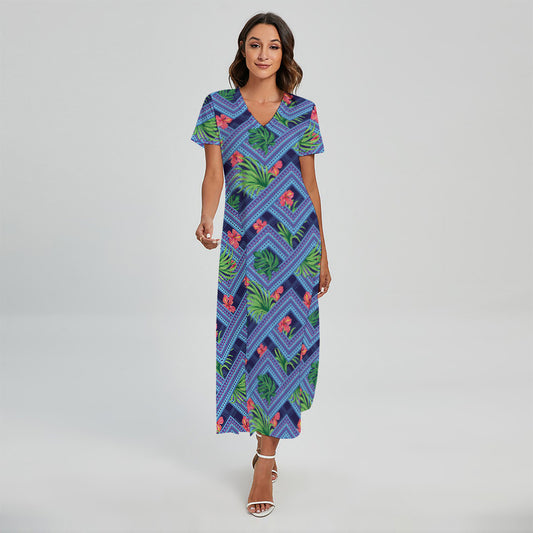 Tropical Aztec Geometric Pattern Print Short Sleeve Maxi Dress