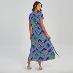 Tropical Aztec Geometric Pattern Print Short Sleeve Maxi Dress