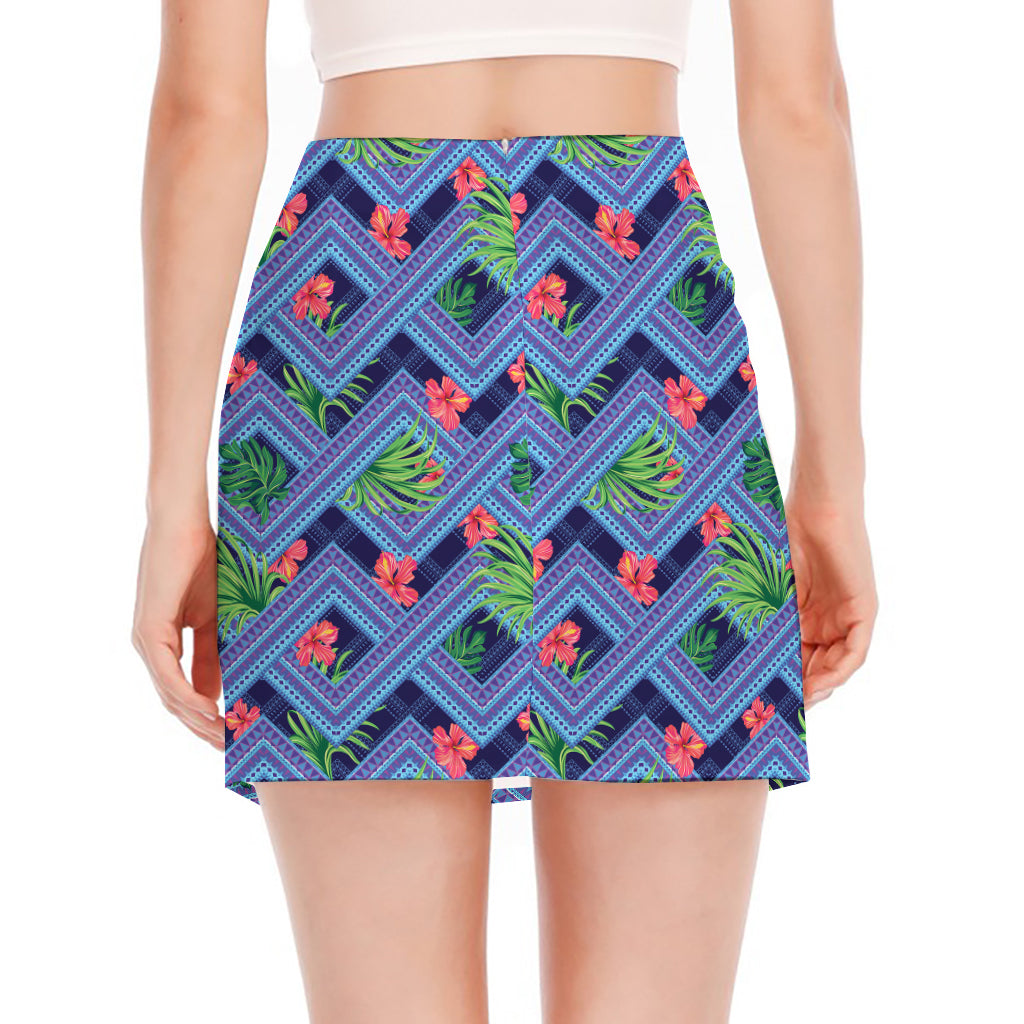 Tropical Aztec Geometric Pattern Print Side Slit Mini Skirt