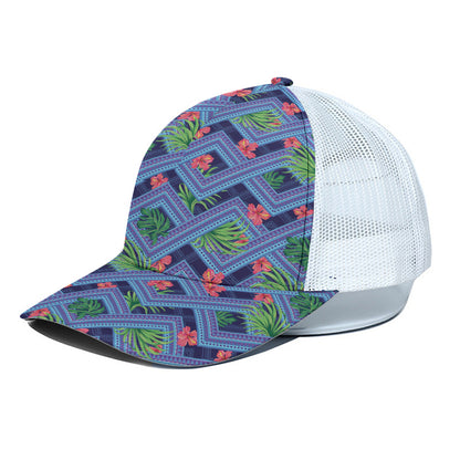 Tropical Aztec Geometric Pattern Print White Mesh Trucker Cap