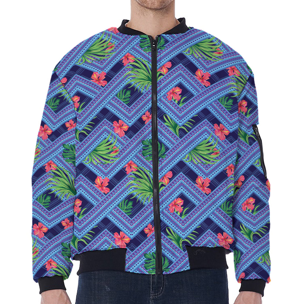 Tropical Aztec Geometric Pattern Print Zip Sleeve Bomber Jacket