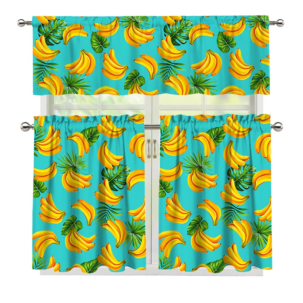 Tropical Banana Leaf Pattern Print 3 Piece Kitchen Curtains