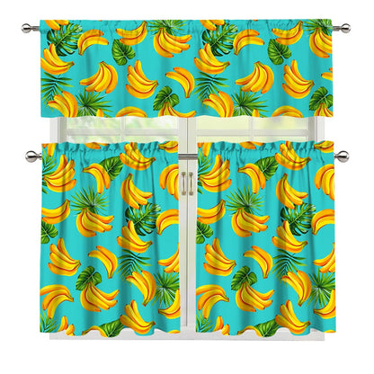 Tropical Banana Leaf Pattern Print 3 Piece Kitchen Curtains