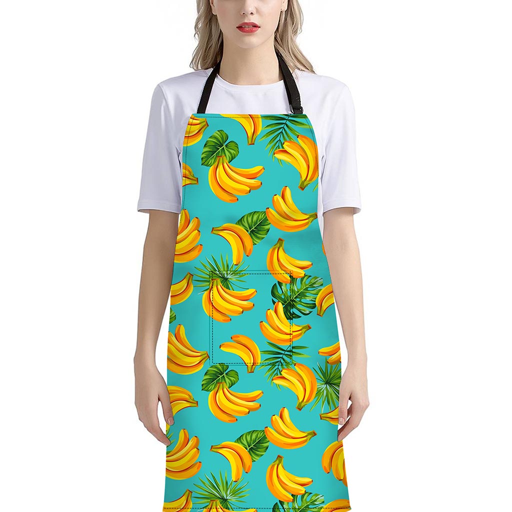 Tropical Banana Leaf Pattern Print Bib Apron With Pocket