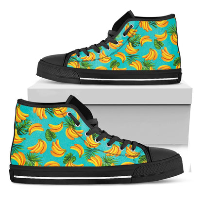 Tropical Banana Leaf Pattern Print Black High Top Sneakers