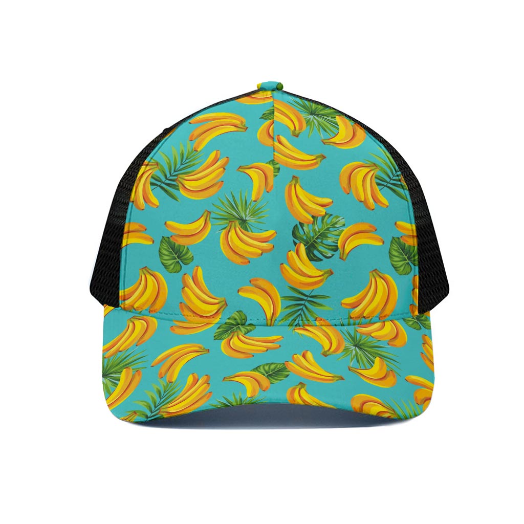 Tropical Banana Leaf Pattern Print Black Mesh Trucker Cap
