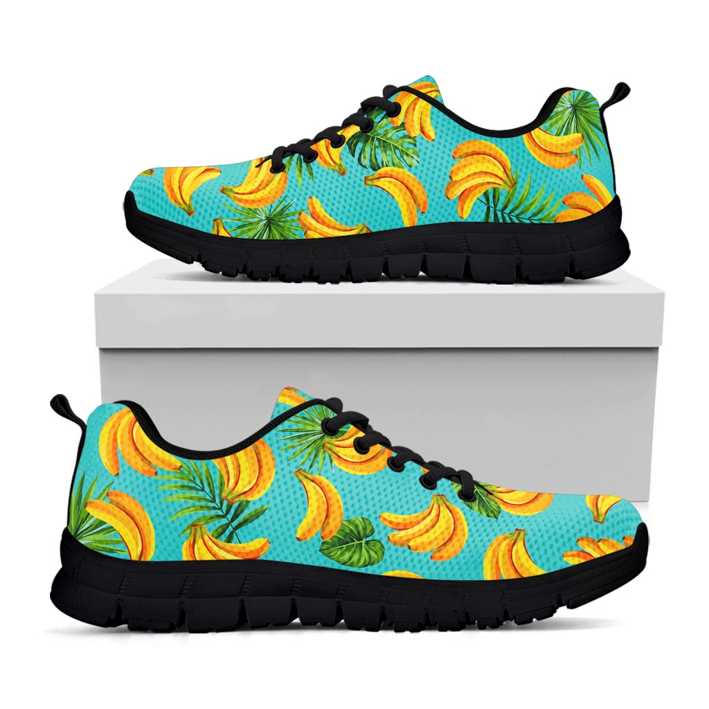 Tropical Banana Leaf Pattern Print Black Running Shoes