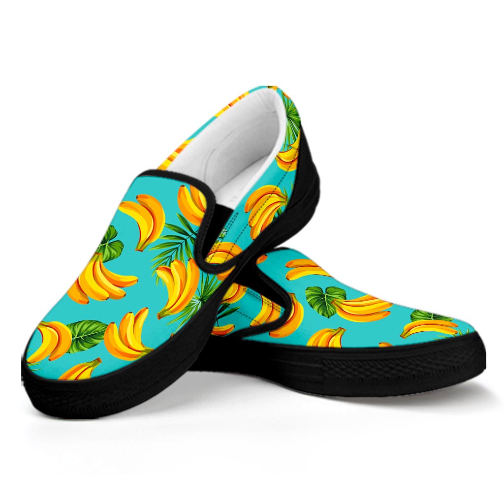 Tropical Banana Leaf Pattern Print Black Slip On Sneakers