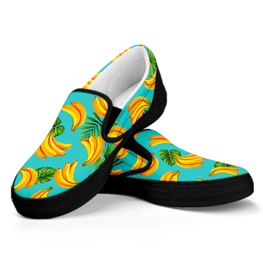 Tropical Banana Leaf Pattern Print Black Slip On Sneakers