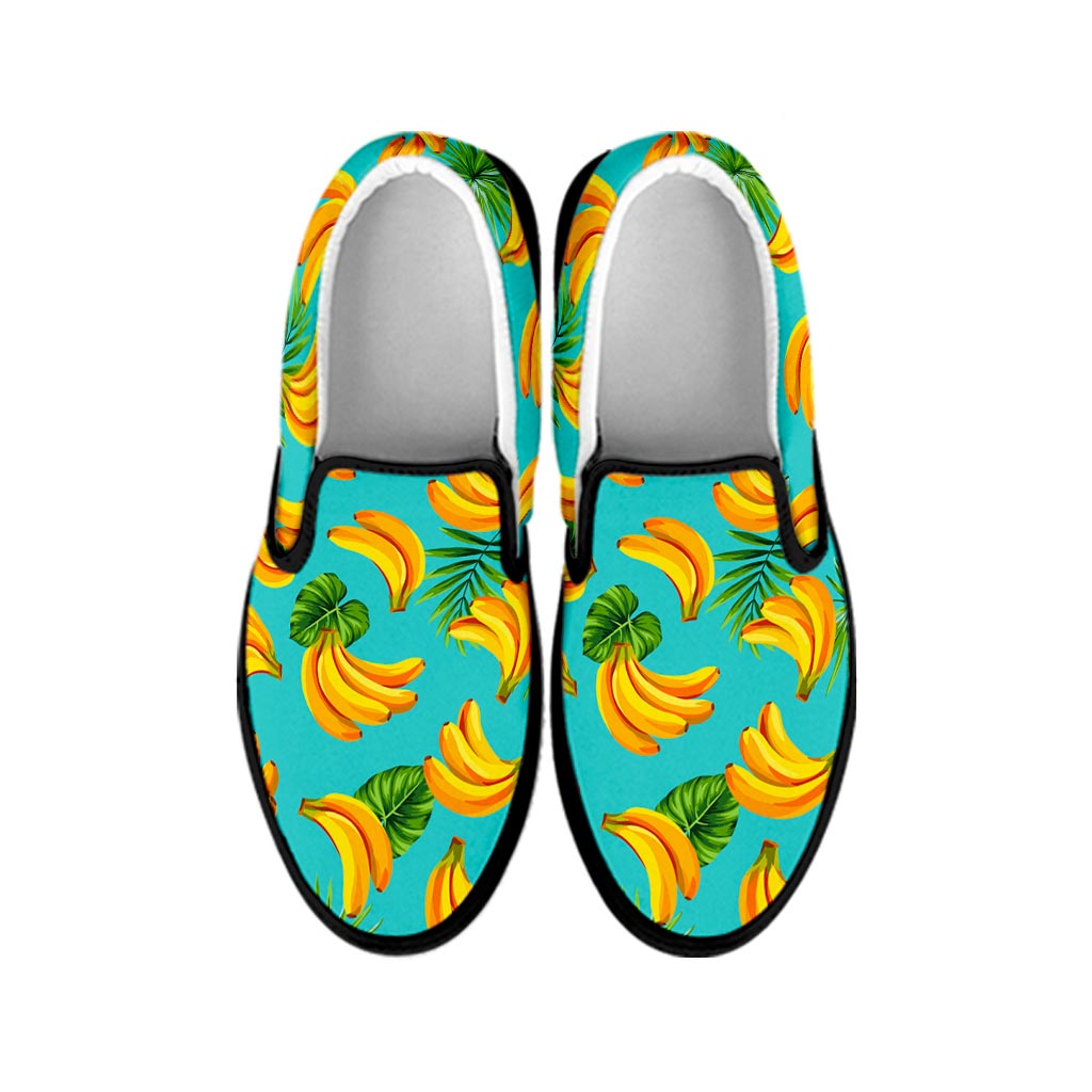 Tropical Banana Leaf Pattern Print Black Slip On Sneakers