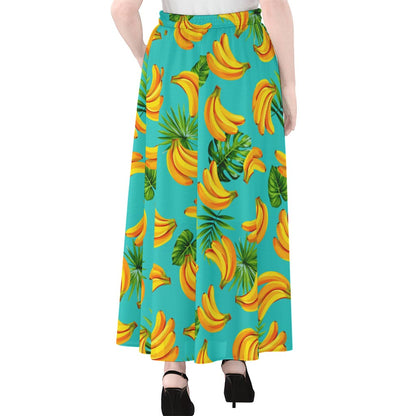 Tropical Banana Leaf Pattern Print Chiffon Maxi Skirt