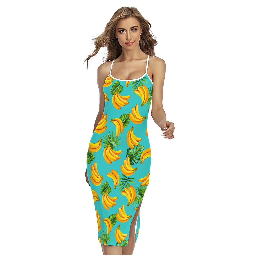 Tropical Banana Leaf Pattern Print Cross Back Cami Dress