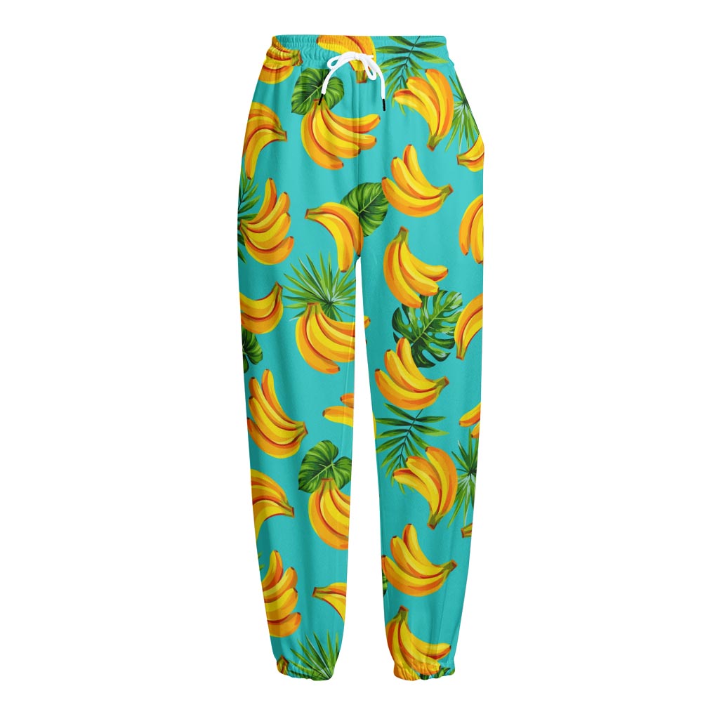 Tropical Banana Leaf Pattern Print Fleece Lined Knit Pants