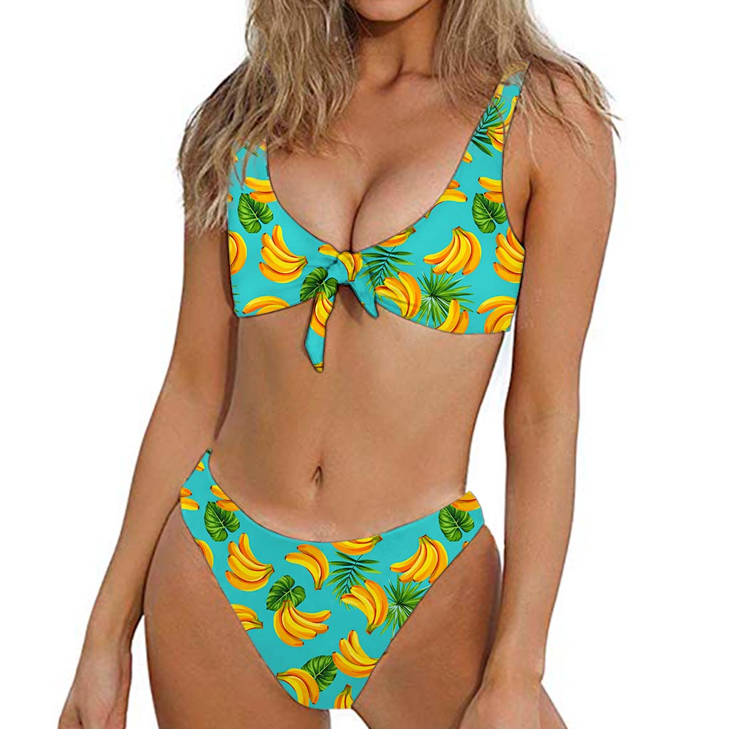 Tropical Banana Leaf Pattern Print Front Bow Tie Bikini