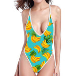 Tropical Banana Leaf Pattern Print High Cut One Piece Swimsuit